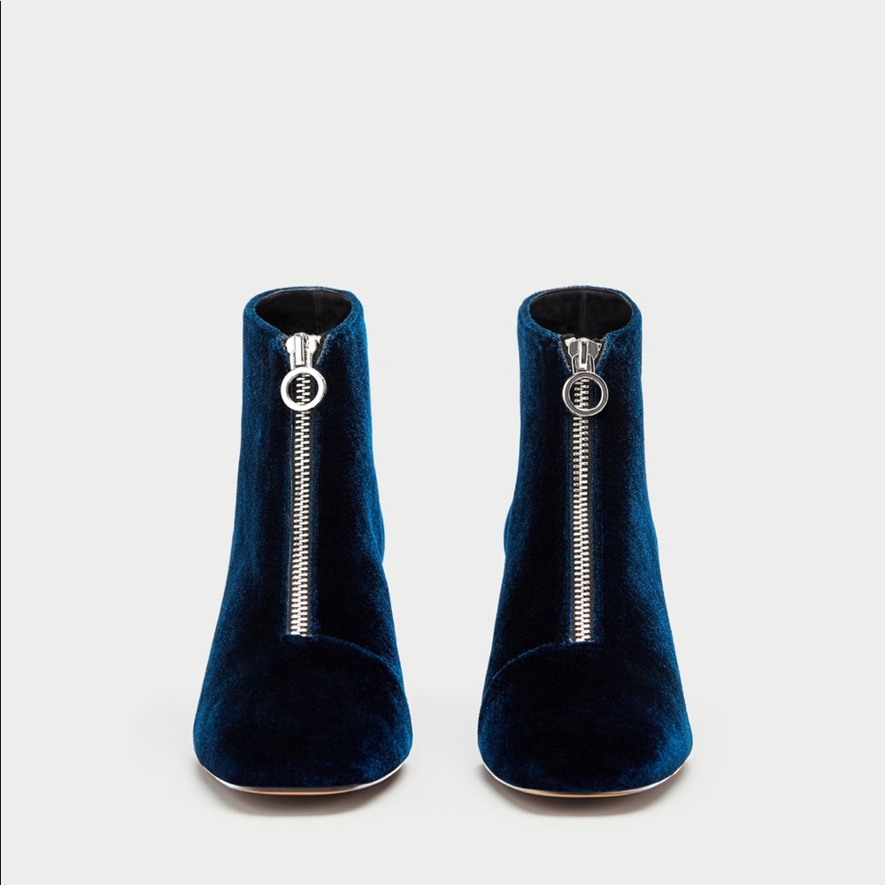 Zara Navy Blue Velvet Zip Up Ankle Boots - Picture 5 of 6